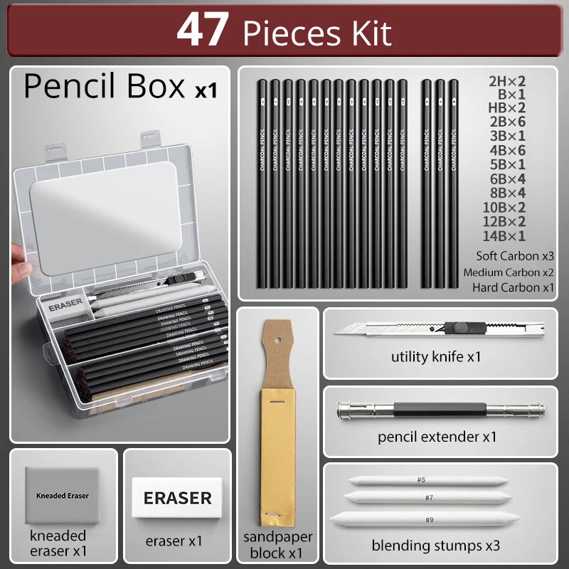 27/38/47pcs Drawing Pencils Sketch Box Set Sketching Kit Pro Art Sketch Supplies Charcoals Kneaded Eraser Extender Pencil Case