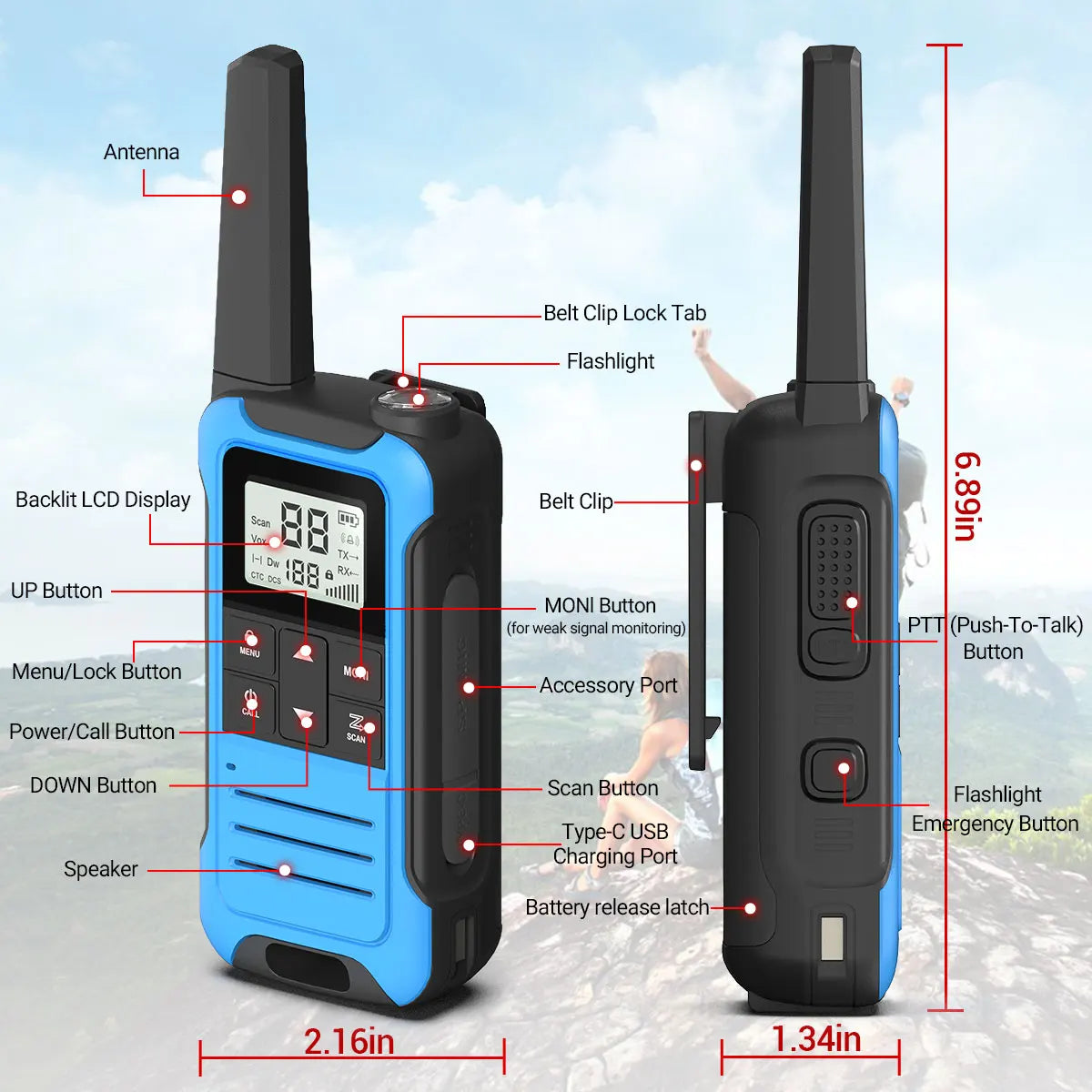 2pcs Baofeng F22 Mini Walkie Talkie PMR Long Range Rechargable Portable Kids Two Way Radio Type-C Charger for Camping Trip - Shoppiline