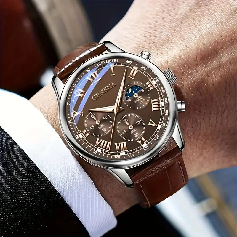 Fashion Leather Strap Men Business Watches Round Dial Male's Analog Quartz Wristwatch Reloj Hombre（Without Box）