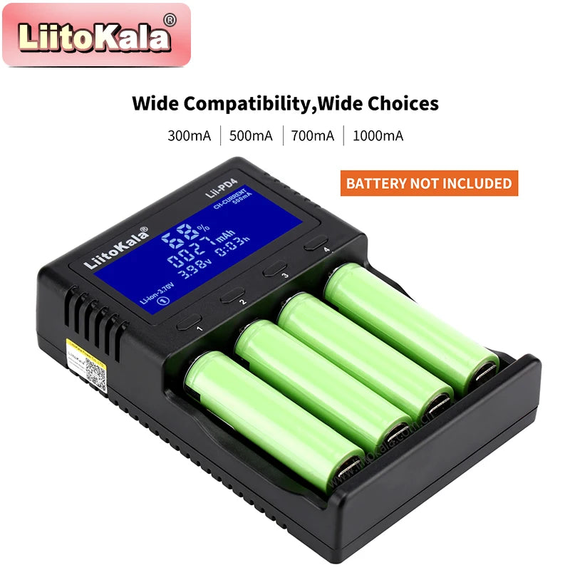 LiitoKala Lii-PD4 AC PD Charger LCD Fast Charging 4-Bay for LiFePO4 3.2V 21700/18650/AA/AAA Multi-Protection Auto-Detect