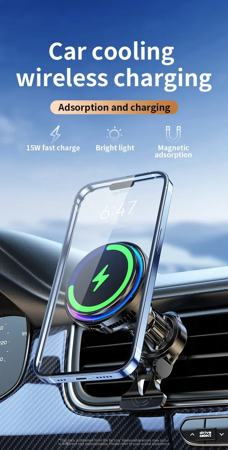 Ice Cooling Magnetic Wireless Car Charger Fast Charging Station for MagSafe iPhone 16 15 14 13 12 Pro Max Car Phone Holder Stand - Shoppiline