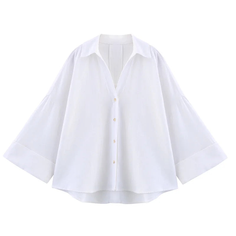 2025 Spring Summer Women Long Sleeve V Neck Solid Color Blouse Shirt Office Wear Casual Work Loose Fit Lightweight Chic Tops