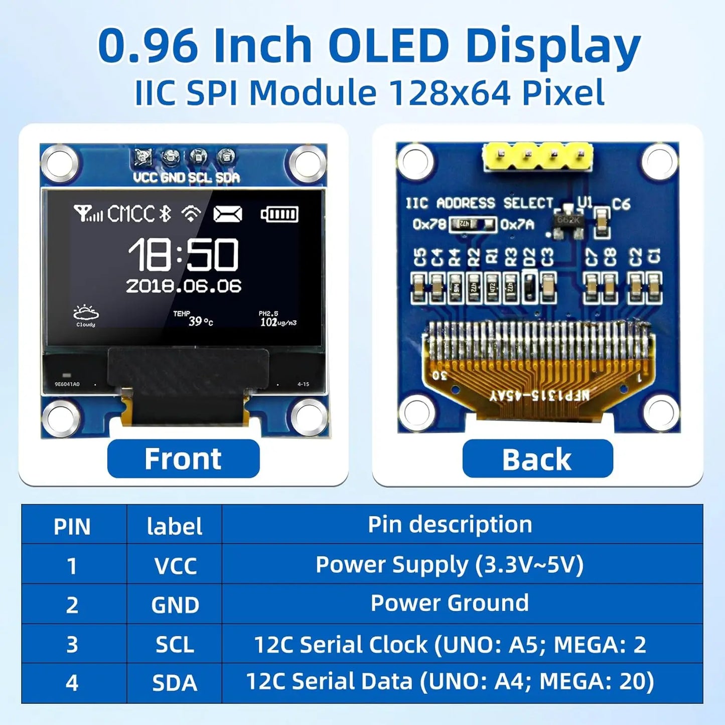 0.96 Inch OLED Display Module, 128x64 Pixel I2C SSD1306 Luminous OLED Screen Board Compatible with Arduino Raspberry Pi ESP32