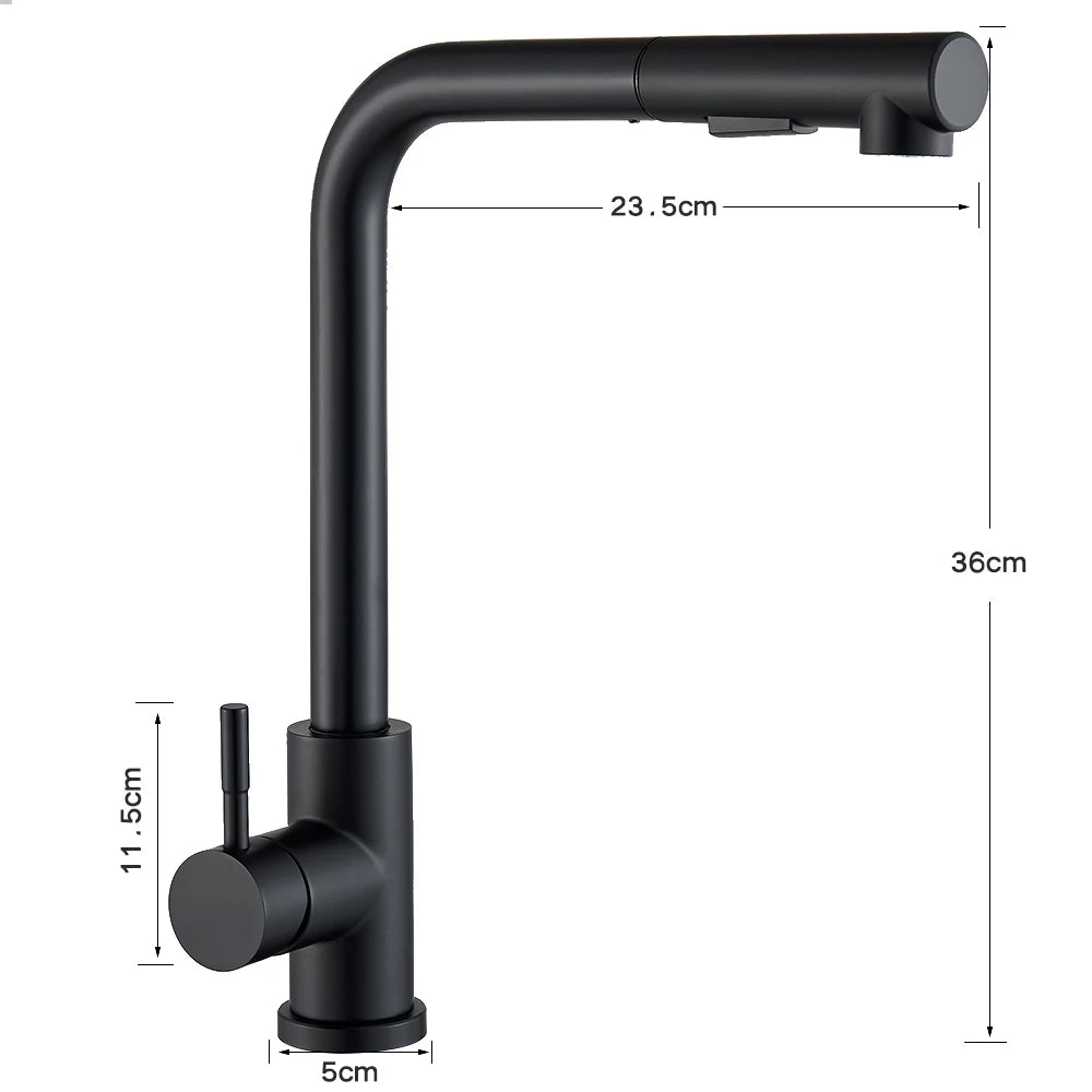 304 Stainless Steel Black Kitchen Faucet Two Function Single Handle Pull Out Mixer Hot and Cold Water Taps Deck Mounted