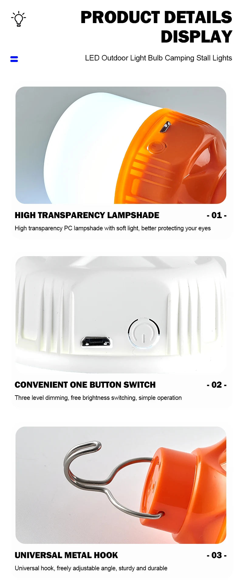 Outdoor USB Rechargeable LED Lamp Bulbs Super Bright Emergency Light with Hook Portable Camping Fishing Lantern Night Lights