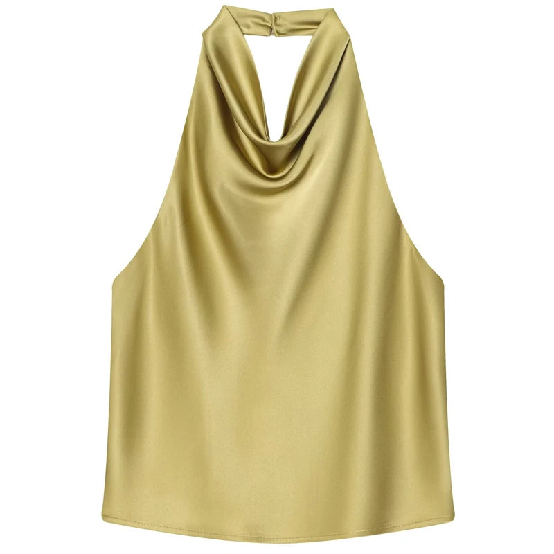 HXAO Top Women Halter Satin Women Tops Backless Corset Top Vest Yellow Pink Black Summer Elegant Sexy Tops Tank Vestidos