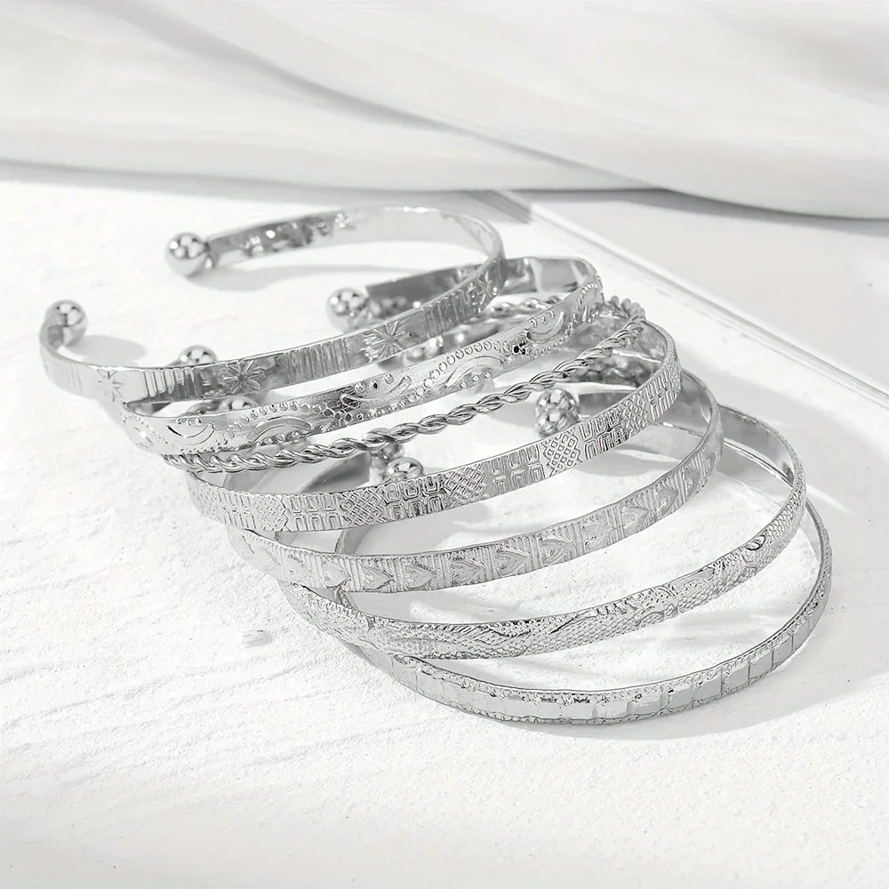 7Pcs Boho Minimalist Stackable Cuff Bangle Set Engraved Multi Pattern Open Bracelet for Women Trendy Jewelry Gift Accessories