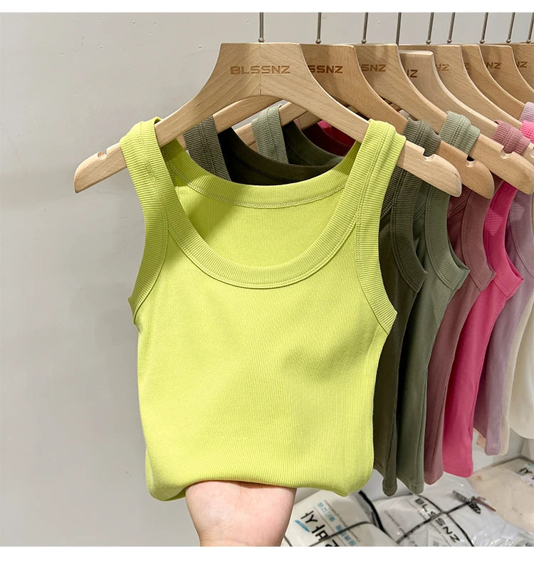 zjaiss Women Solid Round Neck Ribbed Tank Top Camisole Women 2026 Summer Basic Elastic Tank Top O Neck Solid Tank Top