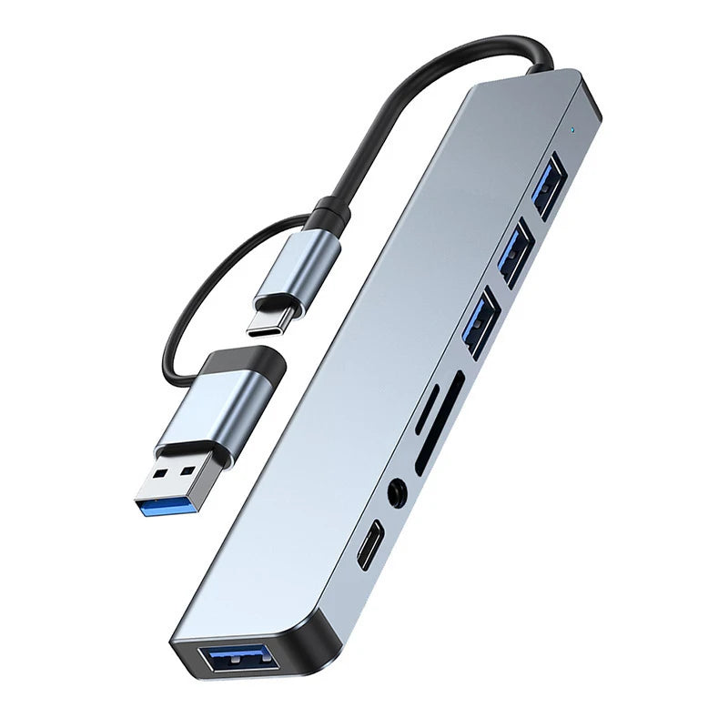 8-in-2 USB-C-Hub-Dockingstation mit 3,5-mm-Audiobuchse, Micro-SD-Kartenleser, Laptop-, Tablet-, Telefon- und Festplattenkonverter