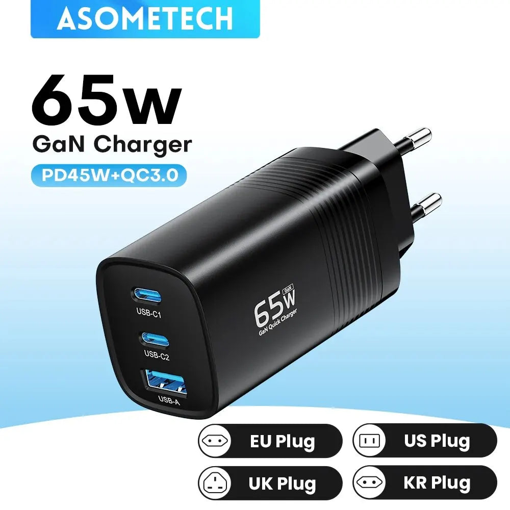 ASOMETECH GaN USB Type C Charger 65W 45W PPS PD QC4.0 Quick Charger For Macbook Laptop IPAD Tablet iPhone 14 Samsung S23 Ultra - Shoppiline