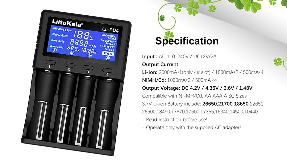 LiitoKala Lii-PD4 AC PD Charger LCD Fast Charging 4-Bay for LiFePO4 3.2V 21700/18650/AA/AAA Multi-Protection Auto-Detect