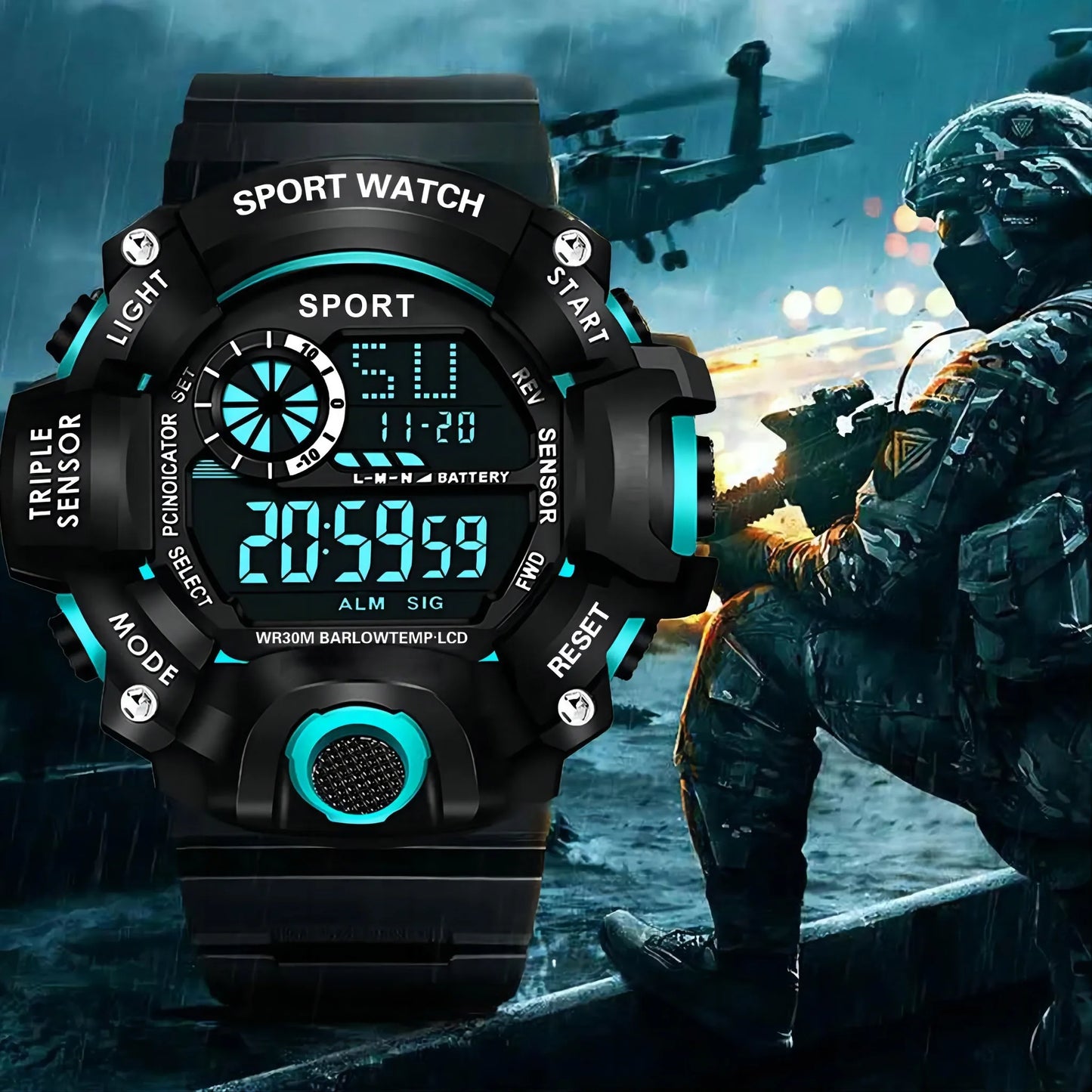Mode Herrenuhr Sportliche elektronische Armbanduhr Großes Zifferblatt Multifunktional Wasserdicht Leuchtend Alarm Kinder Militäruhr für Herren