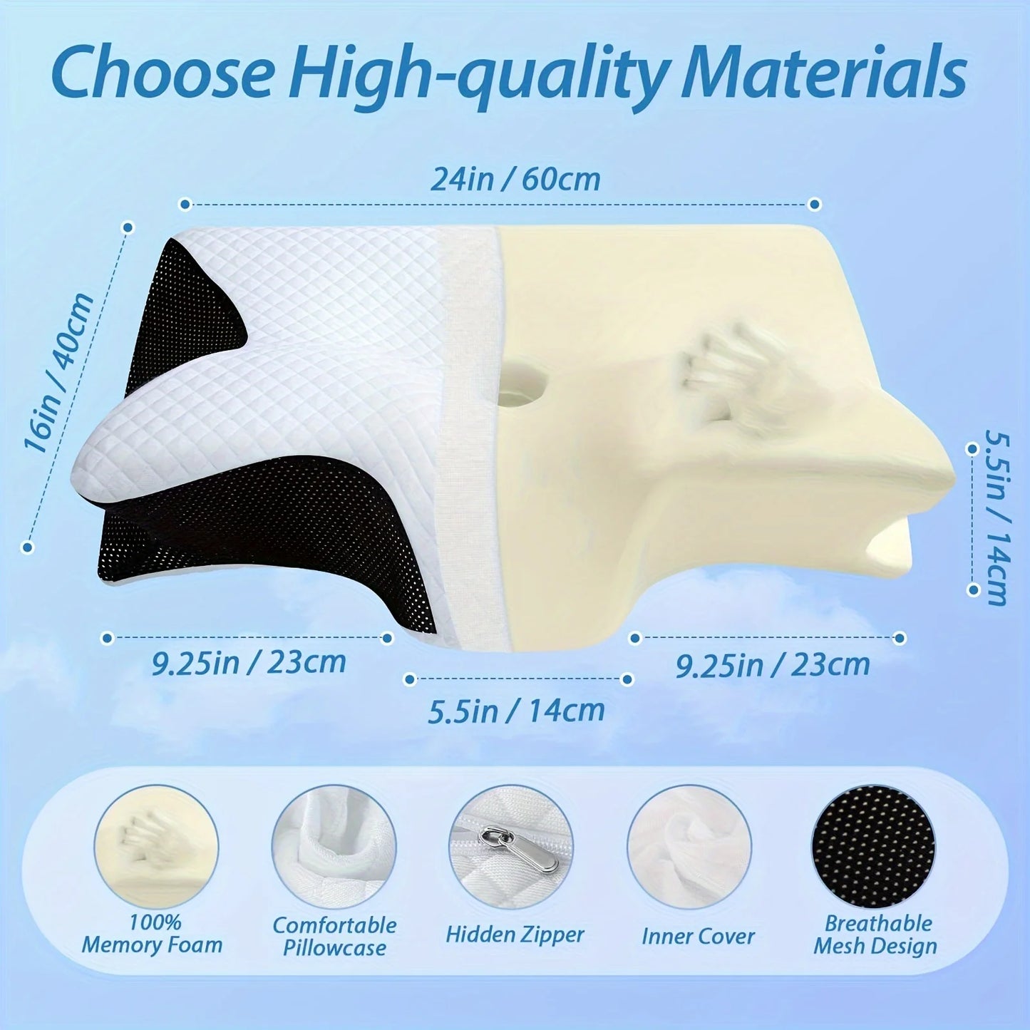 1pc Memory Foam Cervical Pillow, 2 in 1 Ergonomic Contour Orthopedic Pillow for Neck Pain, Contoured Support Pillows,Neck Pillow - Shoppiline