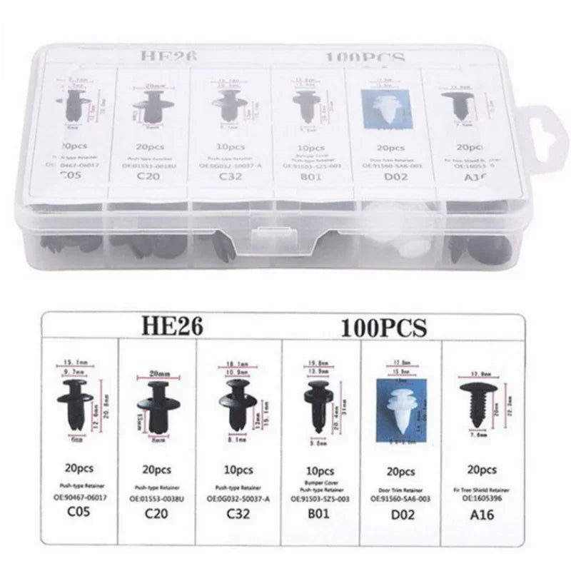 100PCS Multi-Purpose GM Rivet Kit - 6 Types of Quick Fastening Plastic Buckles for Various Car Parts Repair