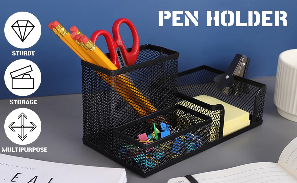 Mesh Desk Organizer Office Supplies Caddy with Pencil Holder and Storage Baskets for Desktop Accessories, 3 Compartments, Black - Shoppiline