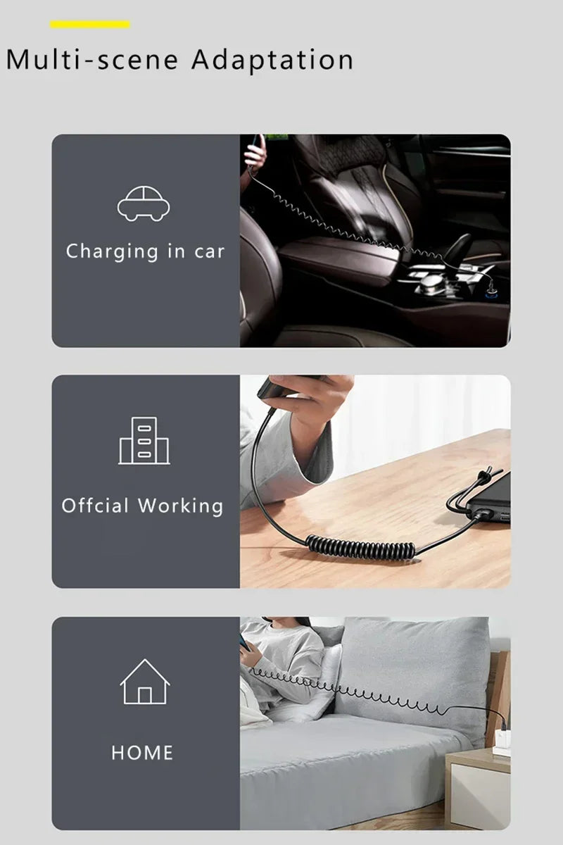 Fast Charging Type C to Type C Spring Telescopic Cable For iPhone 15 14 Samsung Xiaomi OnePlusCar USB Type C 66W & LIGHTNING PD
