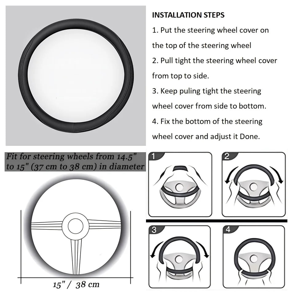 Embossed PU Leather Patchwork Car Steering Wheel Cover, Non-slip, Breathable, Universal 15 Inch (Approx. 38cm)