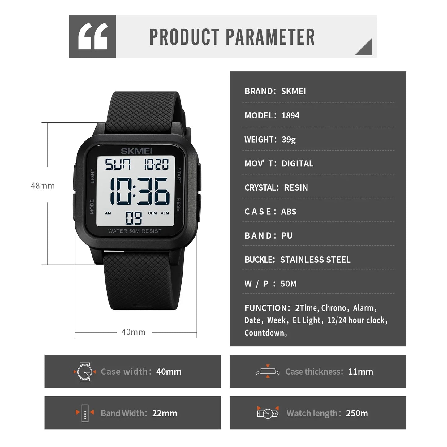 SKMEI 1894 Sport Electronic Watch for Men Shockproof Waterproof Countdown Mens Wristwatch Military Alarm Clock 1960 Reloj Hombre