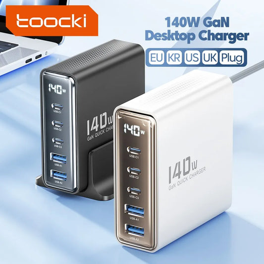 Toocki 140W GaN USB Charger 5in1 Desktop Fast Charge USB Type C Charger LED Display Charger For iPhone Xiaomi Smartphone Laptop - Shoppiline
