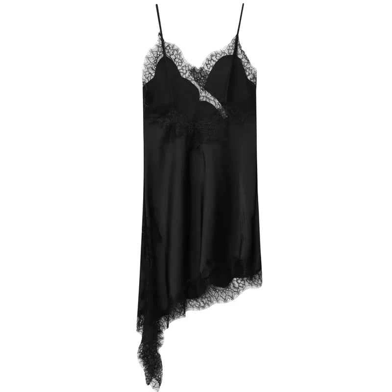 HXAO Asymmetrical Lace Dress Woman Sleeveless Slip Black Dress Summer Satin Party Dresses Backless Sexy Short Night Dresses