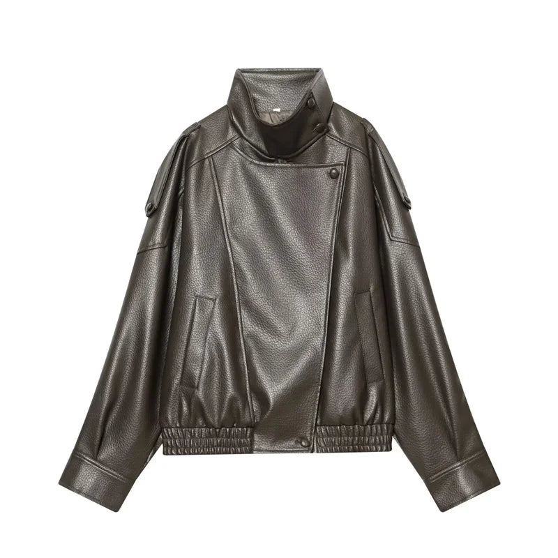 Women's Jacket 2026 Autunm  New Black Long Sleeve Pebble Faux Leather Jacket Motorcycle Style Personality Fashion