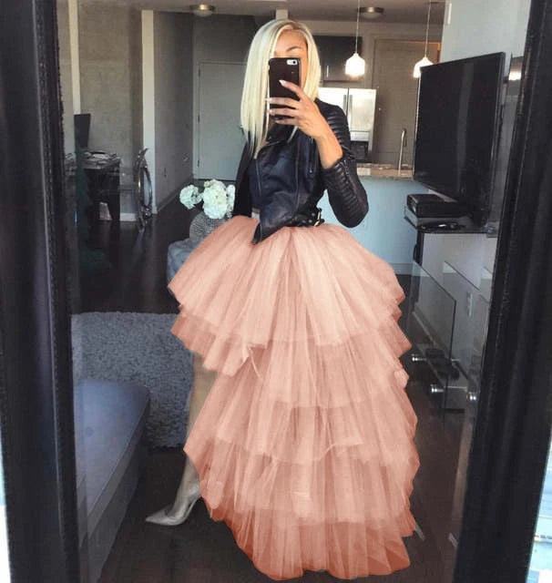 BABYONLINE Women Tiered Tulle High Low Skirts Elastic Waist Petticoat Puffy Long Tulle Skirt Female Maxi Skirt Free Size