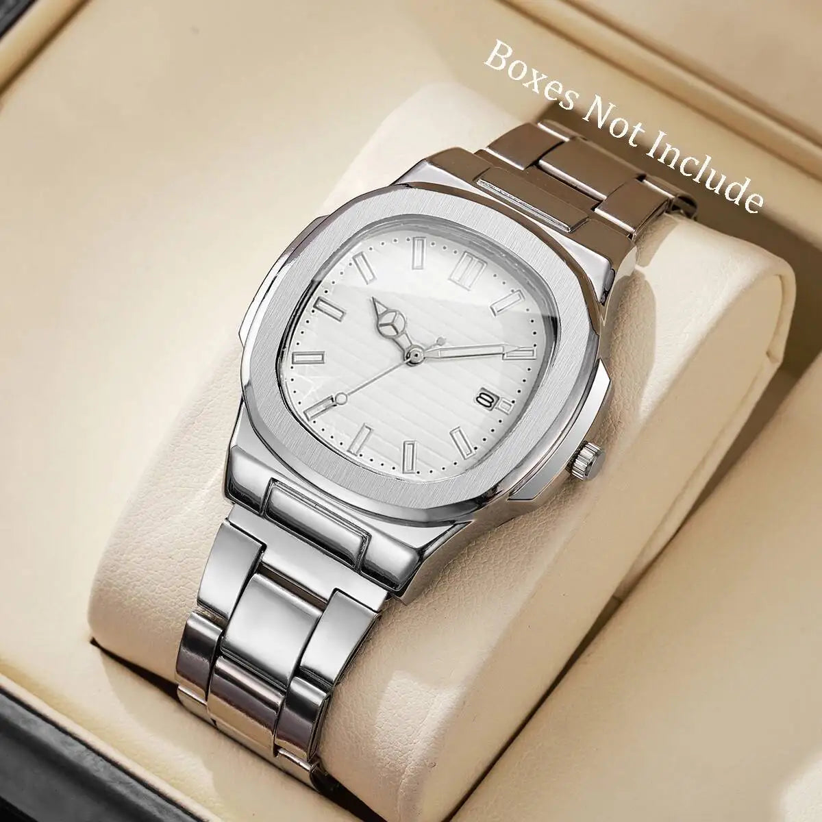 Luxus Herren Business Uhren Mode Quadratisches Zifferblatt Edelstahlarmband Quarzuhr mit Kalender für Herrenuhr (Ohne Box)