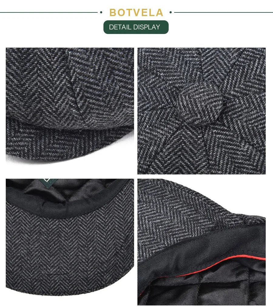 BOTVELA Wool Tweed Newsboy Cap Herringbone Men British Gatsby Retro Hat Driver Flat Cap for Male Vintage Herringbone Beret