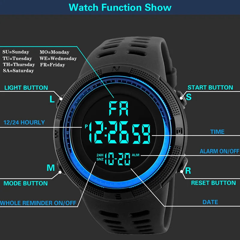 Elektronische Uhr für Herren, Militär-Sportuhren, leuchtende Multifunktions-LED-Digital-Armbanduhr für Männer, Kinder, Jungen, Studenten, Jugendliche