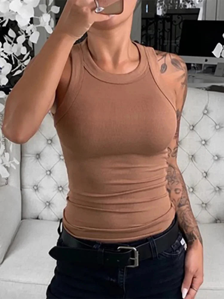 Débardeur côtelé uni à col rond pour femme - Camisole élastique basique d'été - Débardeur uni à col rond
