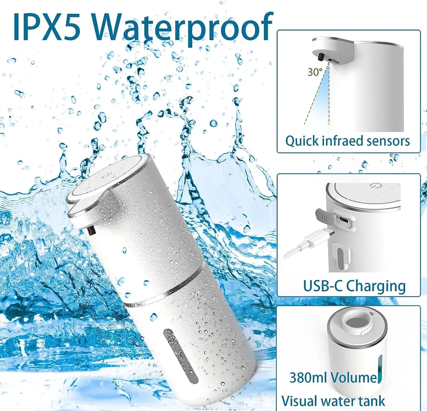 HOMEFISH Automatic Soap Dispenser Touchless Foaming Soap Dispenser 380ml USB Electric 4 Level Adjustable Foam Soap Dispenser