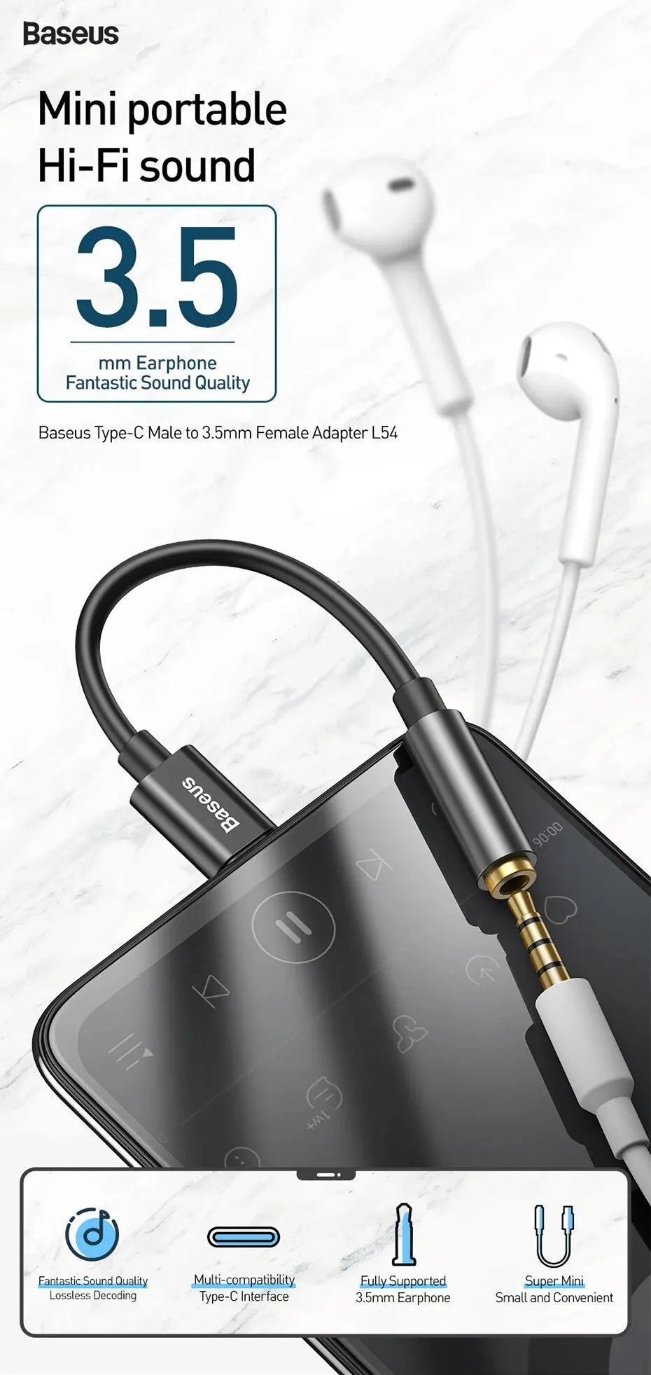 Baseus Type C to 3.5mm Earphone Jack AUX USB C Cable Adapter for Huawei P40 P30 Pro Xiaomi 10 9 Type C Headphone Audio Adapter