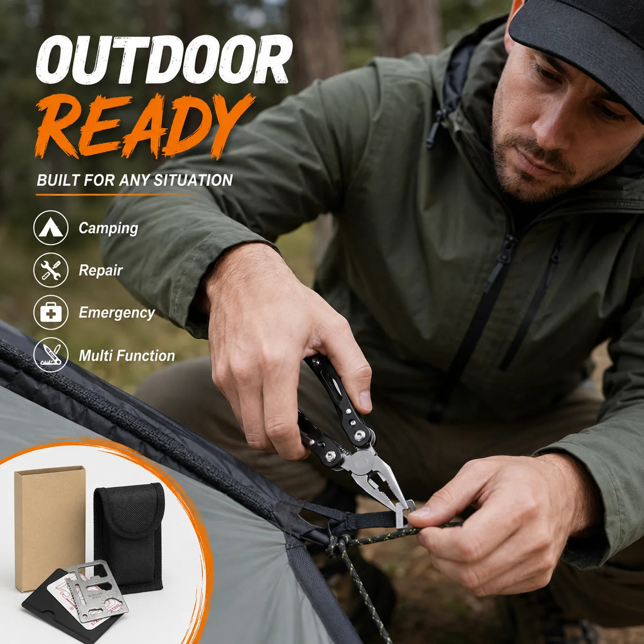 2PCS Outdoor Multi Tool Set, Folding Pliers and Pocket Card Tool for Camping Repair, Portable Emergency Hand Tools