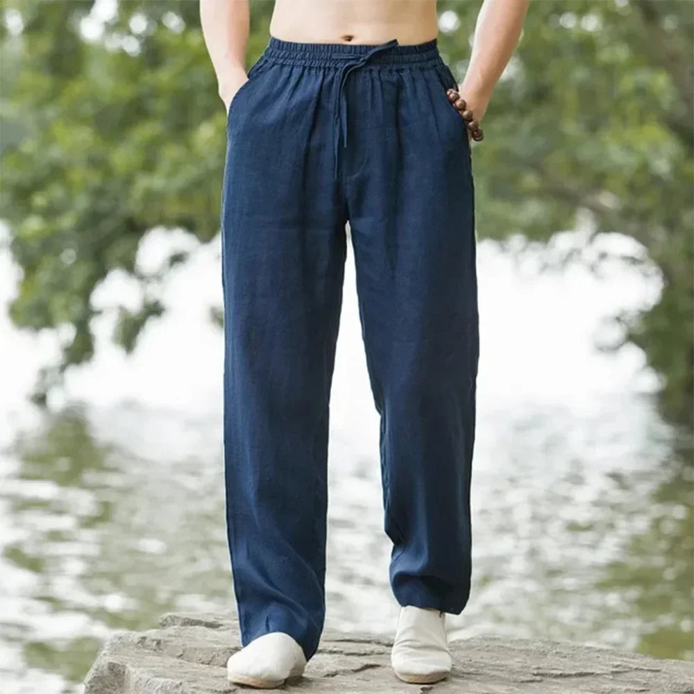 2025 summer men's cotton and linen oversized wide leg pants, men's artistic style elastic waist solid color casual loose pants