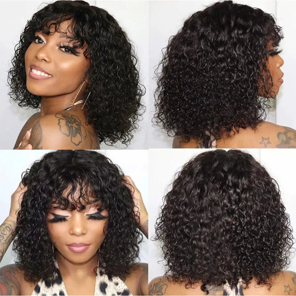 Perruques de cheveux humains Jerry Curly courtes coupe Pixie Bob avec frange pour femmes à porter, Péruvienne, mèches miel, perruques Water Wave