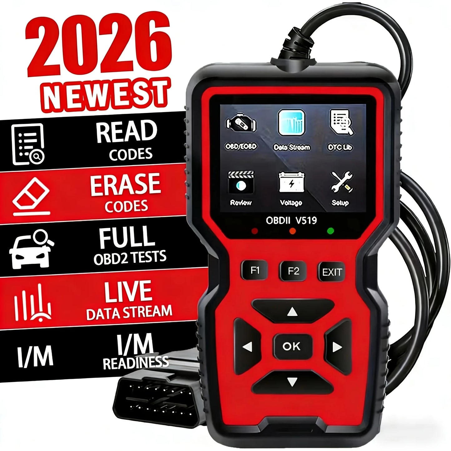 V519 Professional Obd2 Scanner - Usb-Powered Car Diagnostic Tool with Real-Time Data Stream, Full-Featured Obd Ii Testing (I/M Ready, Bod2/Eobd), Clears Engine Fault Lights, Reads/Erases Codes for Most Vehicles, Car Maintenan