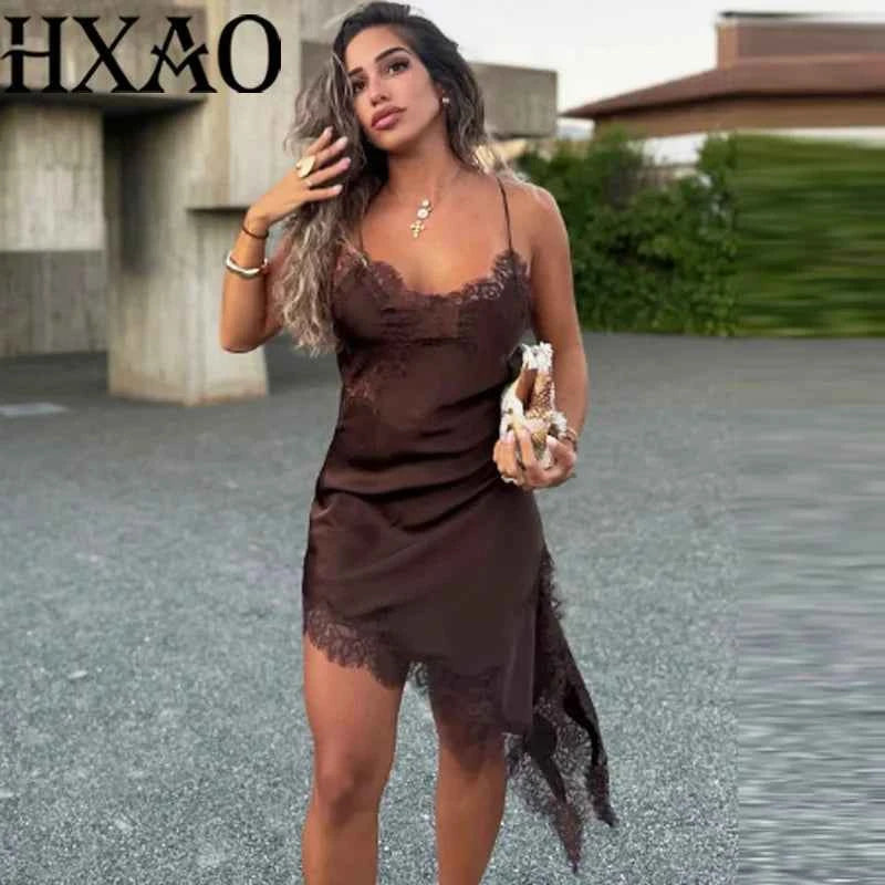 HXAO Asymmetrical Lace Dress Woman Sleeveless Slip Black Dress Summer Satin Party Dresses Backless Sexy Short Night Dresses
