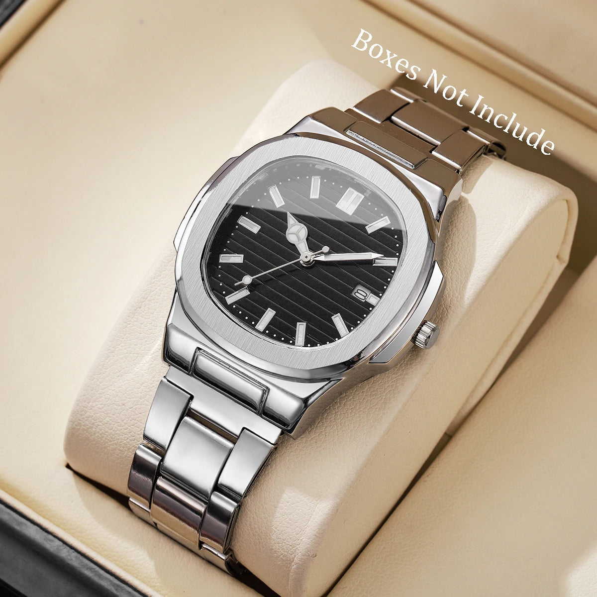 Herrenmode Armbanduhren, Business-Quarzuhr mit quadratischem Zifferblatt, Edelstahlarmband und Kalender für Herren (ohne Box)