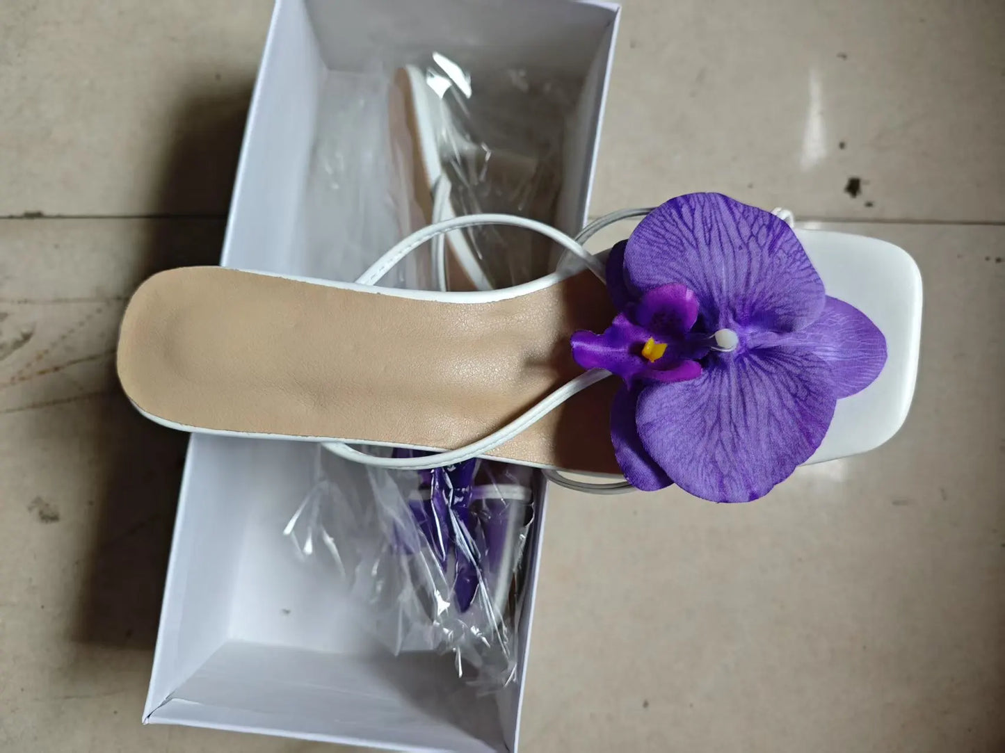 Orchid Flower Summer New High Heeled Women White Pink Blue Purple Floral Heels Square Toe Prom Slipper Slingback Shoes for Women