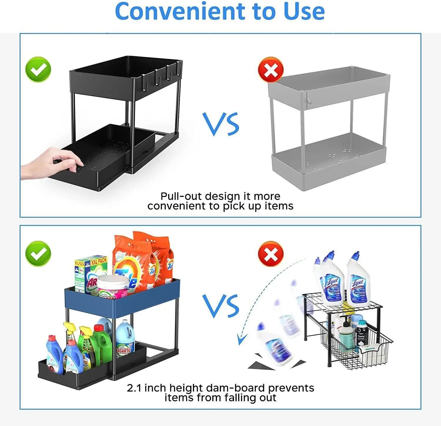 Under Sink Organizers 2 Tier Under Bathroom Cabinet Holder with Hooks & Hanging Cup, Multi-Purpose Storage Shelf for  Kitchen - Shoppiline