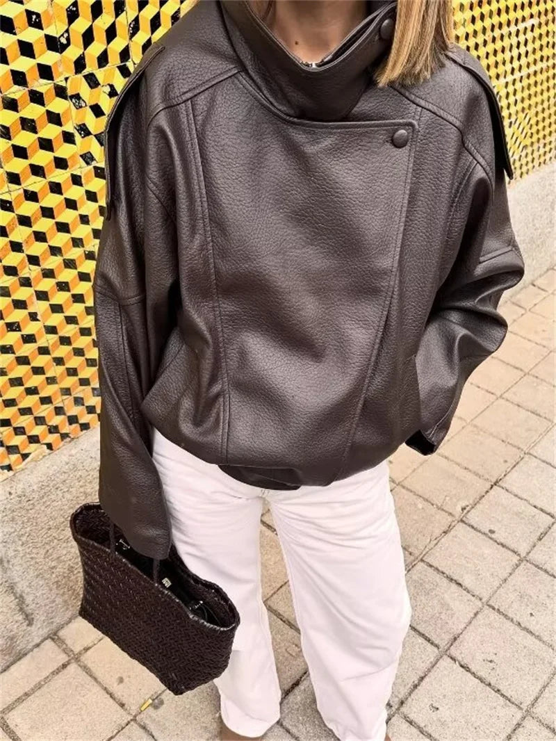 Women's Jacket 2026 Autunm  New Black Long Sleeve Pebble Faux Leather Jacket Motorcycle Style Personality Fashion