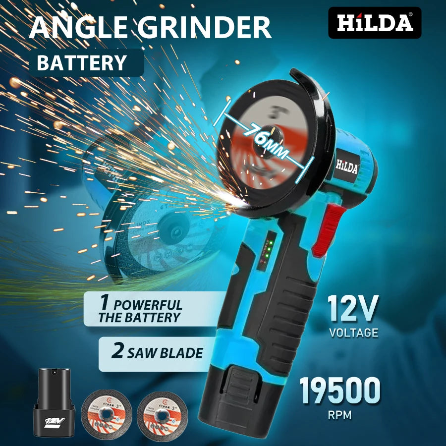 HILDA 12v Mini Angle Grinder Rechargeable Grinding Tool Polishing Grinding Machine For Cutting Diamond Cordless Power Tools - Shoppiline