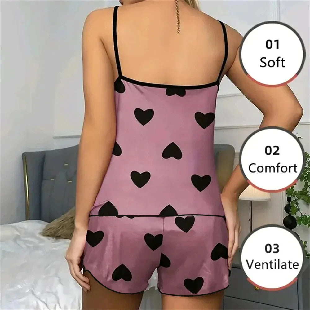 Ensemble de pyjama pour femme Pyjama T-shirts Shorts Imprimé cœur rose T-shirt à col rond Haut en soie glacée Confortable Décontracté Été