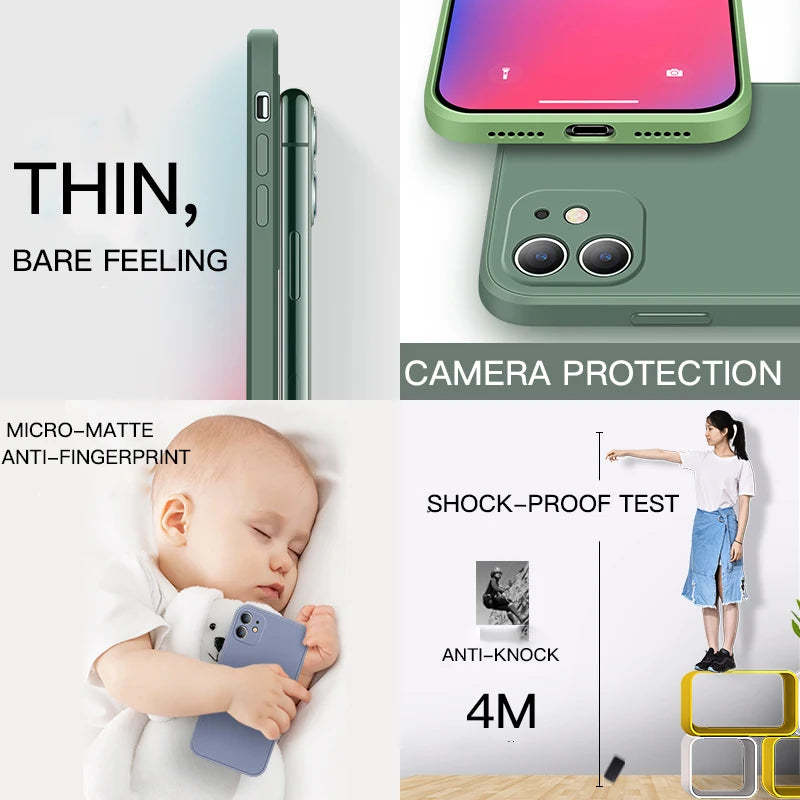 Original Square Liquid Silicone Phone Case For iPhone 11 12 13 14 15 Pro Mini XS Max X XR 15 Plus Lens Protection Cover Coque