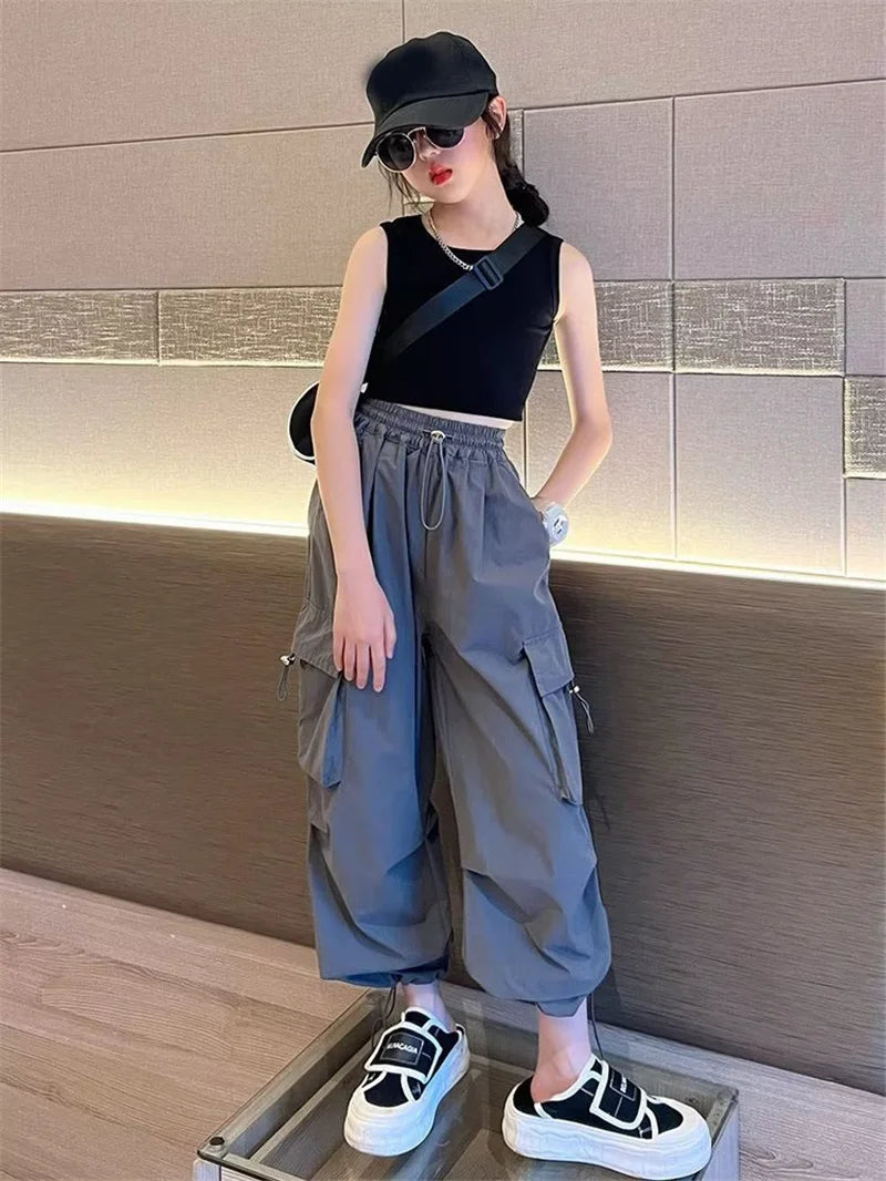 Girls Loose Joggers Pants Teen Casual Straight Cargo Trousers Fashion Children Pockets Design Streetwear Big Kids Pants 5-14 Yea