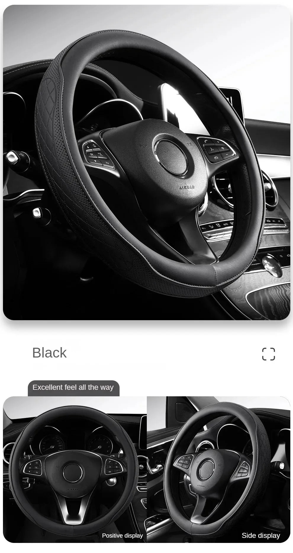 Embossed PU Leather Patchwork Car Steering Wheel Cover, Non-slip, Breathable, Universal 15 Inch (Approx. 38cm)
