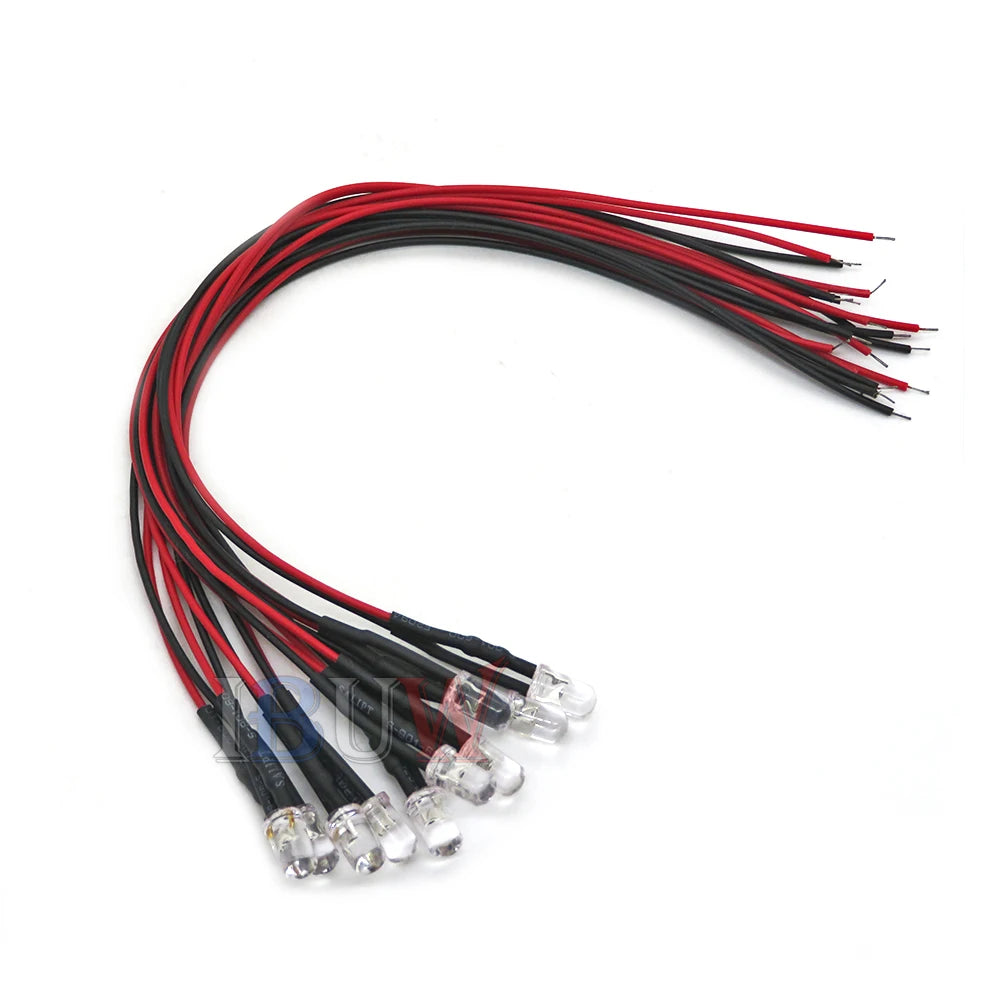 10 Stück DC 3V 6V 12V 24V vorverdrahtete 3mm 5mm LED-Lichtlampe vorverdrahtete Leuchtdioden Transparent Gelb Blau Grün Weiß Rot