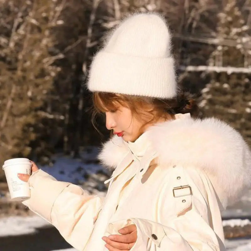 Bonnets d'hiver pour femmes en fourrure de lapin tricotés, bonnets épais à revers, bonnets amples et doux pour le ski.