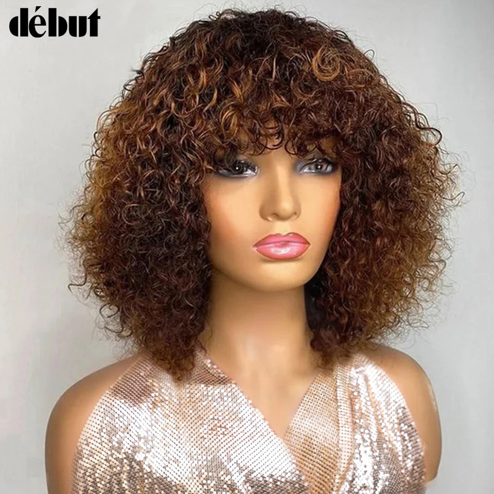 Perruques de cheveux humains Jerry Curly courtes coupe Pixie Bob avec frange pour femmes à porter, Péruvienne, mèches miel, perruques Water Wave