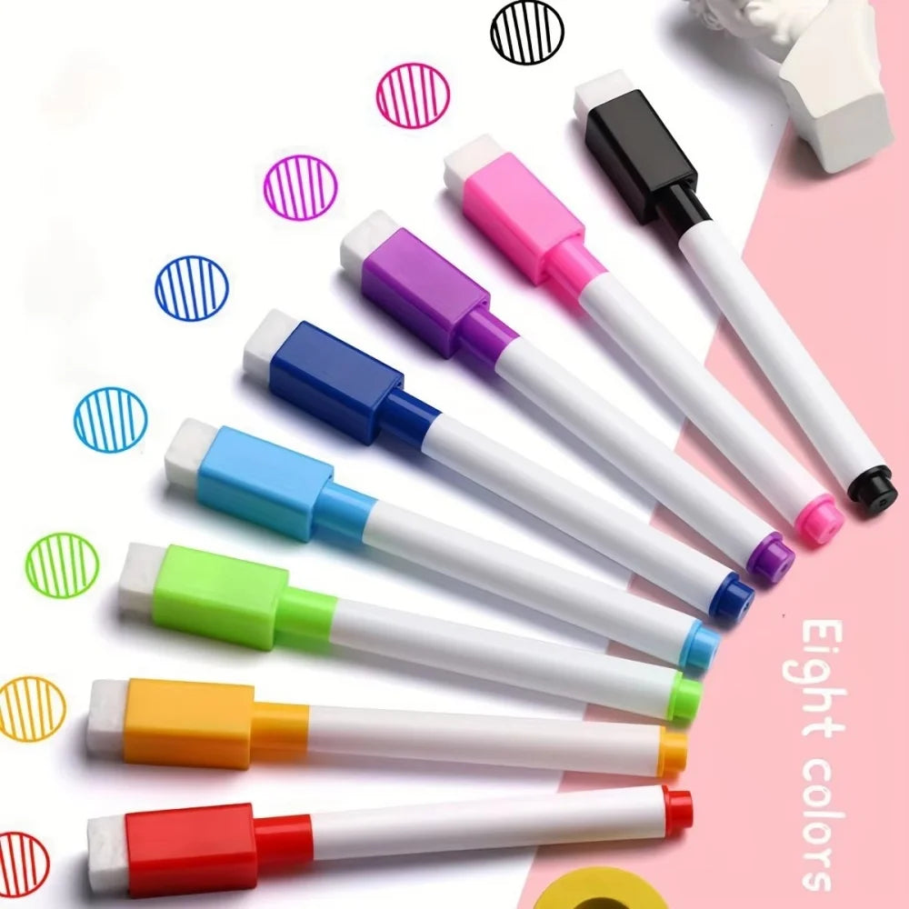 8 Colors Erasable Whiteboard Markers with Eraser, Safe Kids Graffiti Pens for Home School